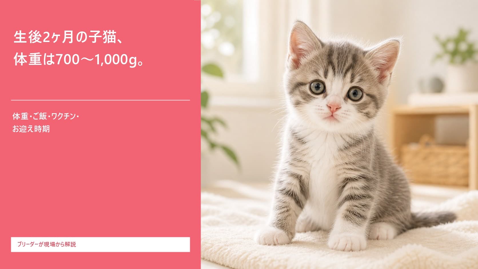 【2026年版】生後2ヶ月の子猫の体重・ご飯・ワクチン・お迎え時期|ブリーダーが現場から解説