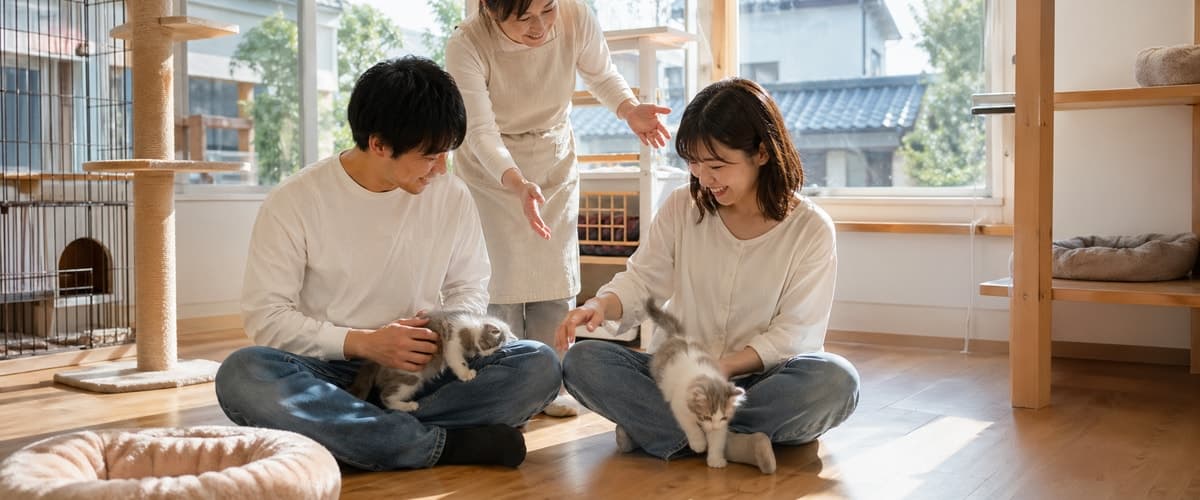 猫舎の見学スペースで、ブリーダーがご家族に子猫を紹介している様子