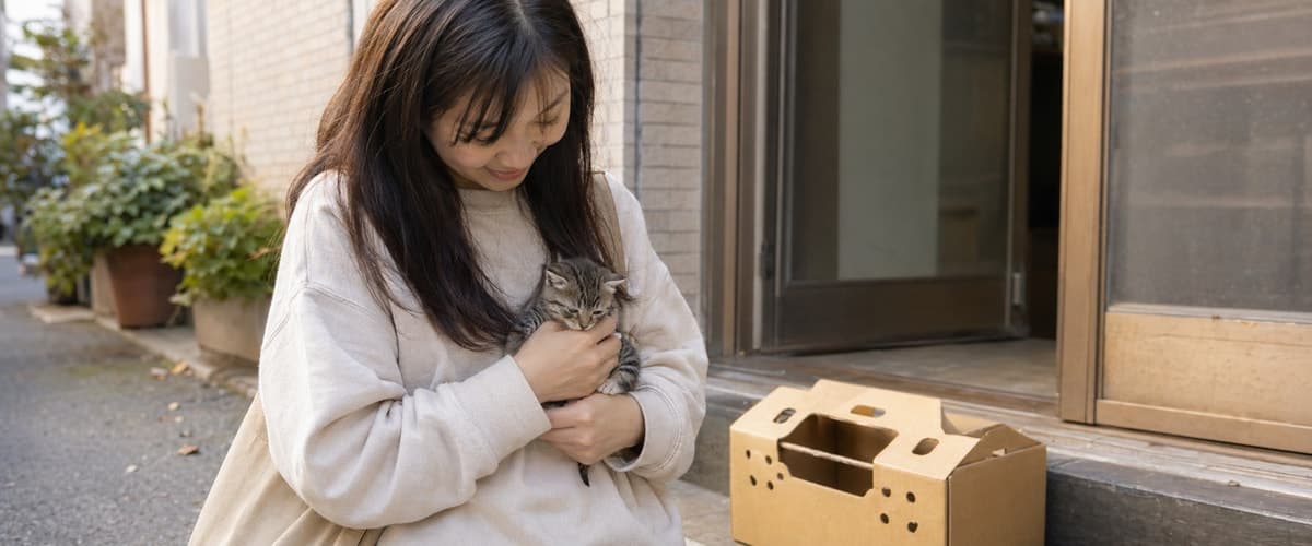 お迎えBOXを足元に置き、子猫を胸に抱いて連れて帰るご家族