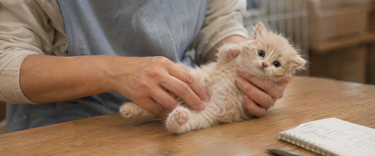 ブリーダーが子猫のお腹を触って体の状態を確かめ、手元のノートに記録している様子