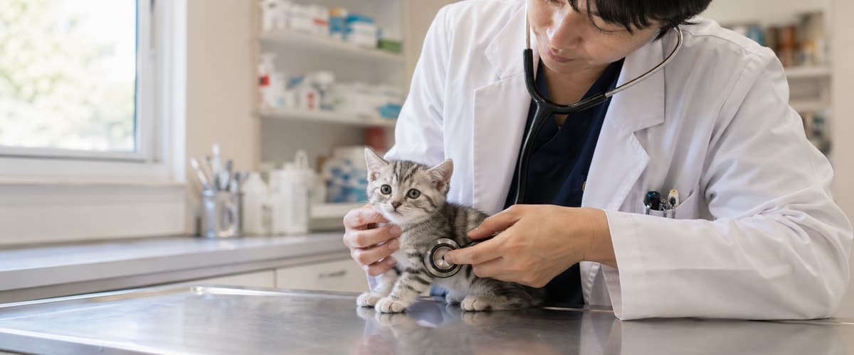 動物病院の診察台で、獣医師が子猫に聴診器を当てて健康診断をしている様子