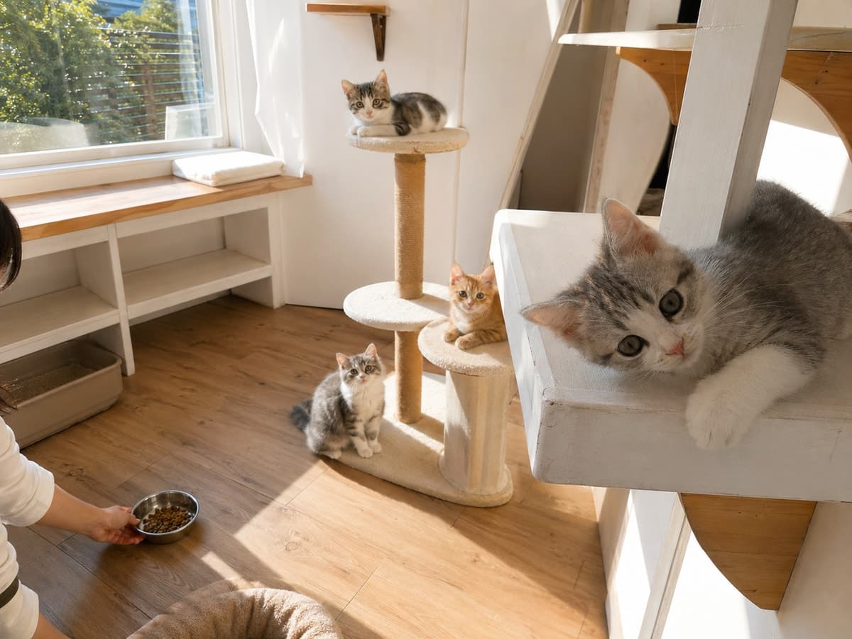 陽の入る猫舎で、子猫たちがキャットタワーでくつろいでいる様子