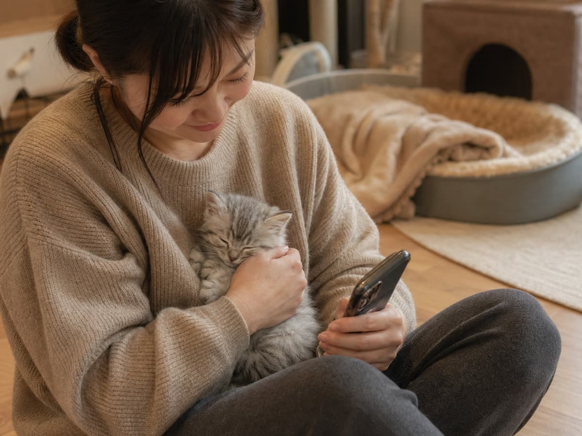 子猫を抱いた飼い主がスマホでブリーダーにLINE相談をしている様子