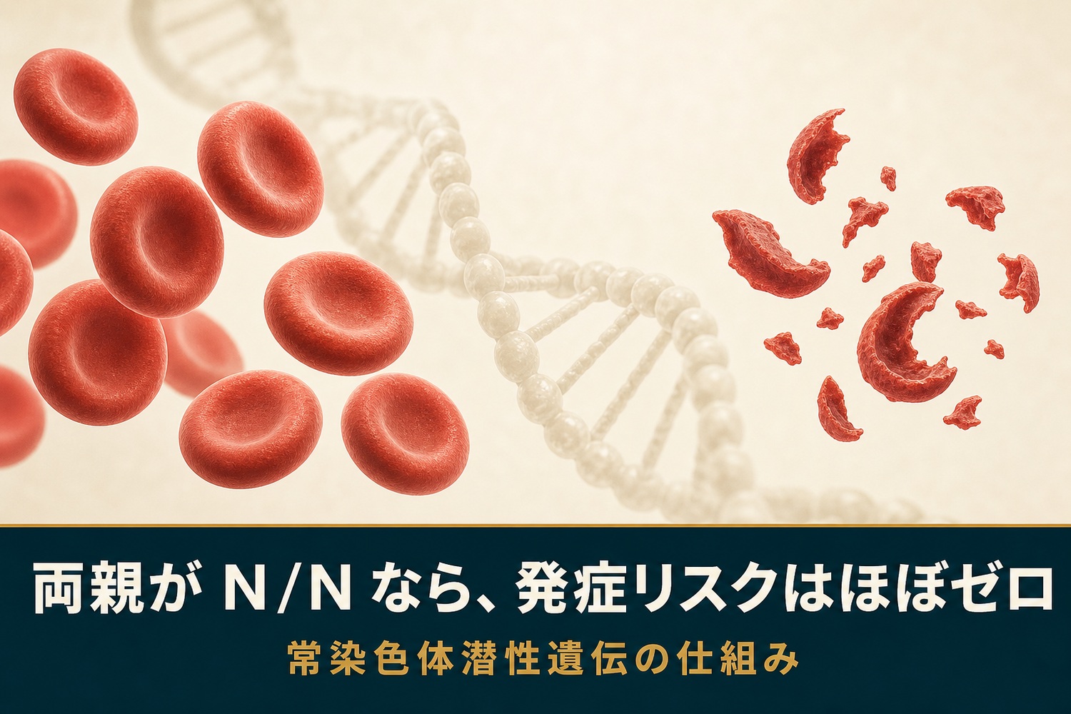 健康な赤血球と壊れた赤血球をDNAの二重らせんとともに表したイラスト。両親がN/Nなら発症リスクはほぼゼロ、常染色体潜性遺伝の仕組み