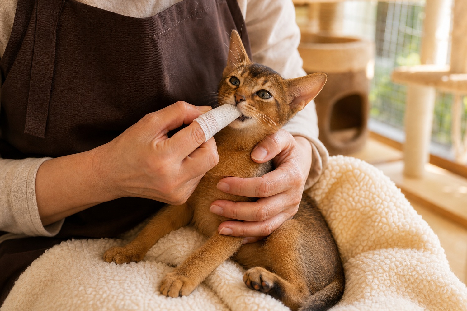 ガーゼを指に巻いて子猫の歯ぐきをやさしくマッサージするブリーダー。子猫期からの口腔ケアの習慣化が大切