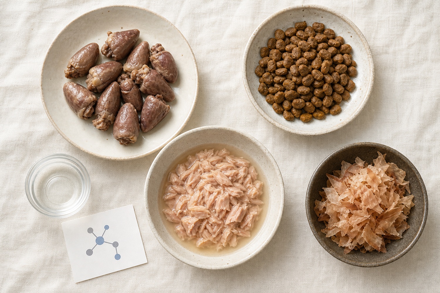 鶏ハツ・キブル・ツナ・かつお節などタウリンを多く含む食材を並べたフラットレイ。タウリンが心臓の健康を支える
