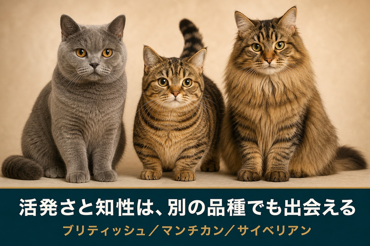 ブリティッシュショートヘア・マンチカン・サイベリアンの3頭。活発さと知性は別の品種でも出会える