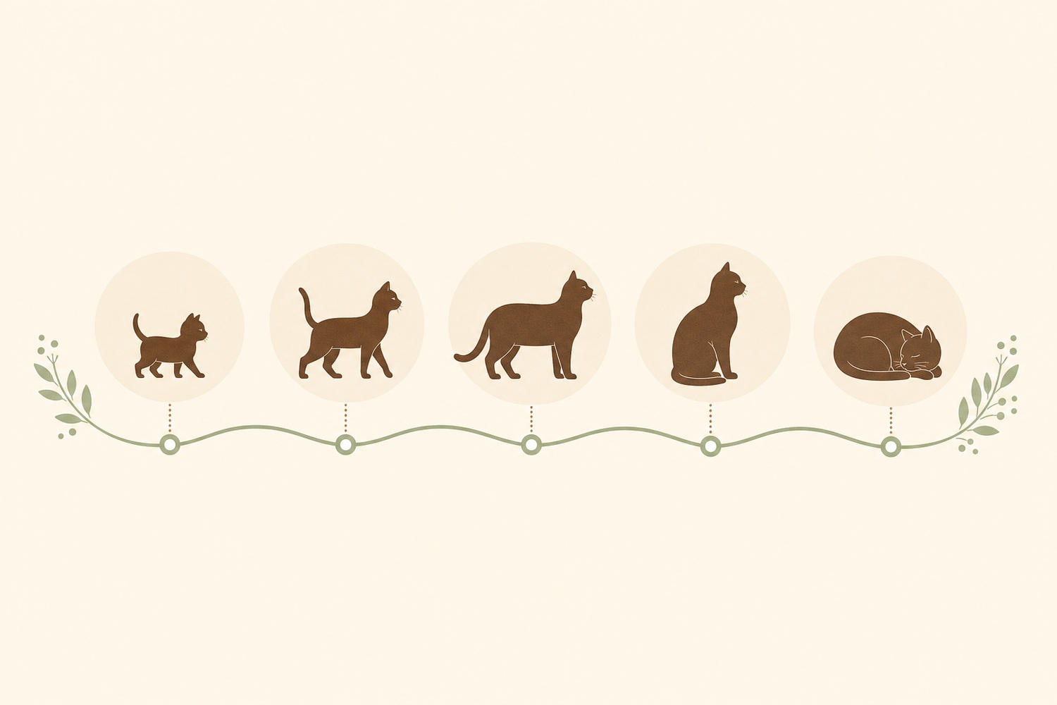子猫から成猫・シニアまでのアビシニアンの一生を表したライフステージのイラスト。平均寿命は14〜16年
