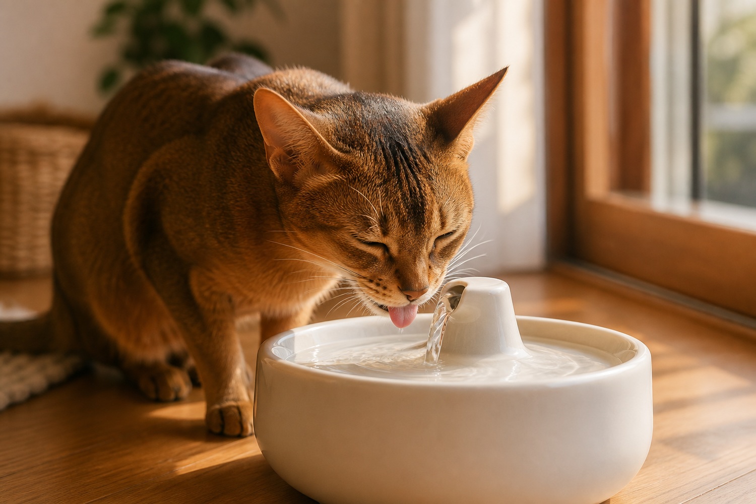 流水型給水器から水を飲むアビシニアン。流れる水で飲水量を増やすことが腎臓の健康を支える
