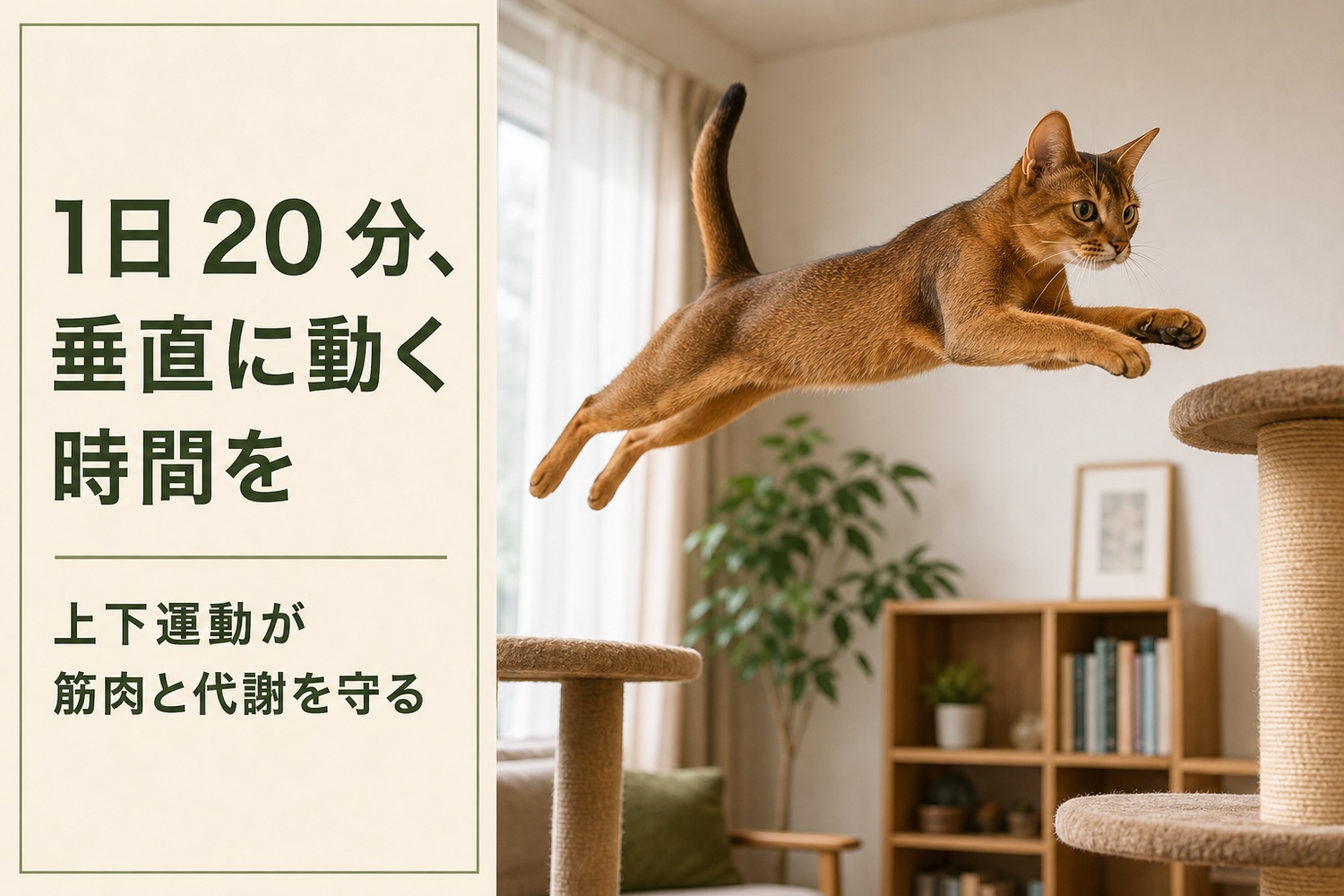 キャットタワー付近を跳躍するアビシニアン。1日20分、垂直に動く時間を、上下運動が筋肉と代謝を守る