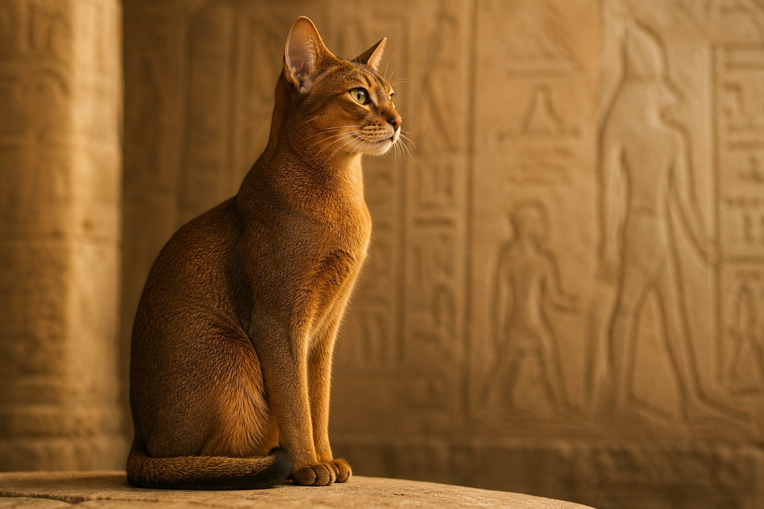 古代エジプトの壁画を背景に佇むアビシニアン。「ファラオの猫」と呼ばれる神秘的な起源
