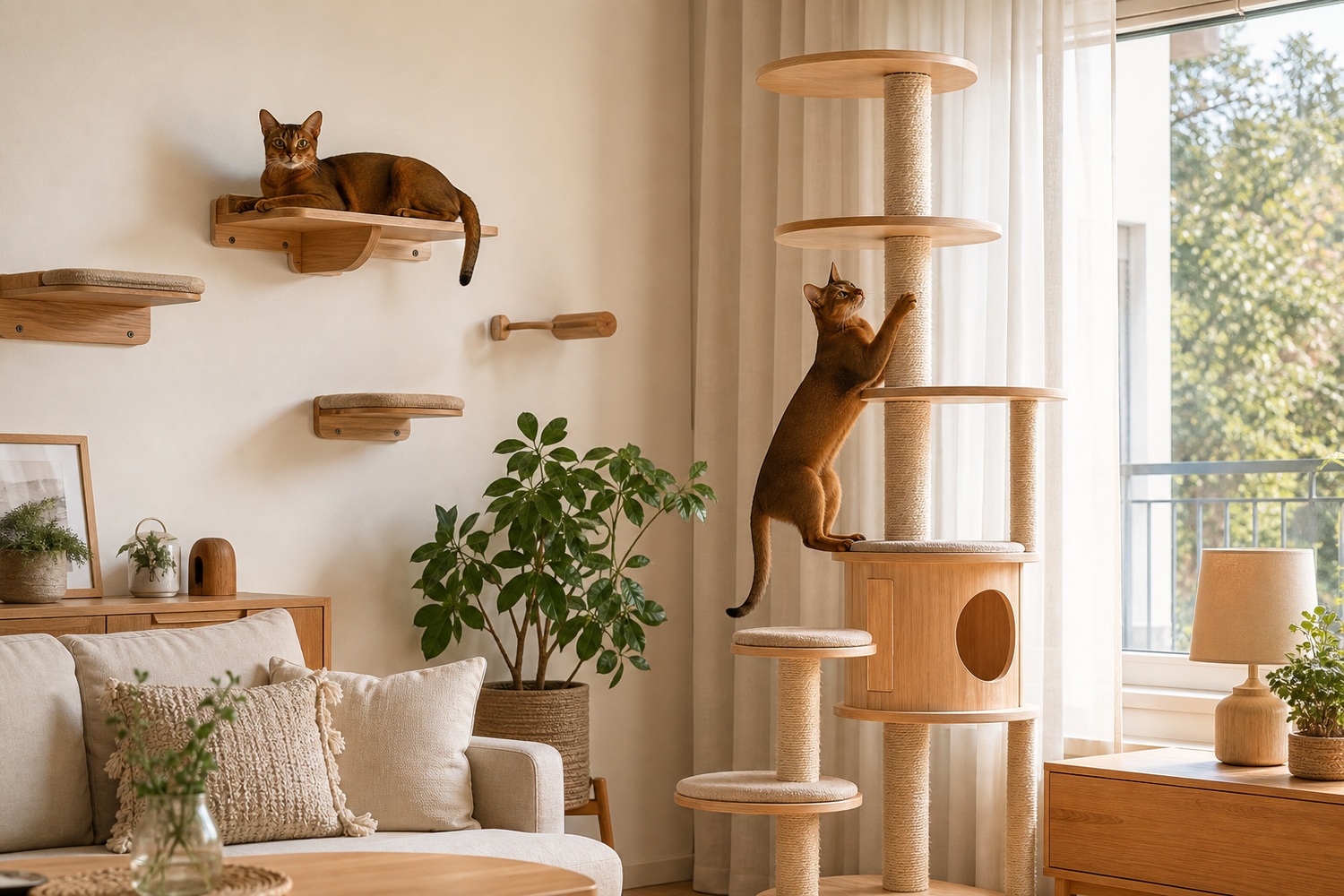 キャットタワーと壁付けキャットウォークで上下運動するアビシニアン。立体的な動線が運動欲を満たす