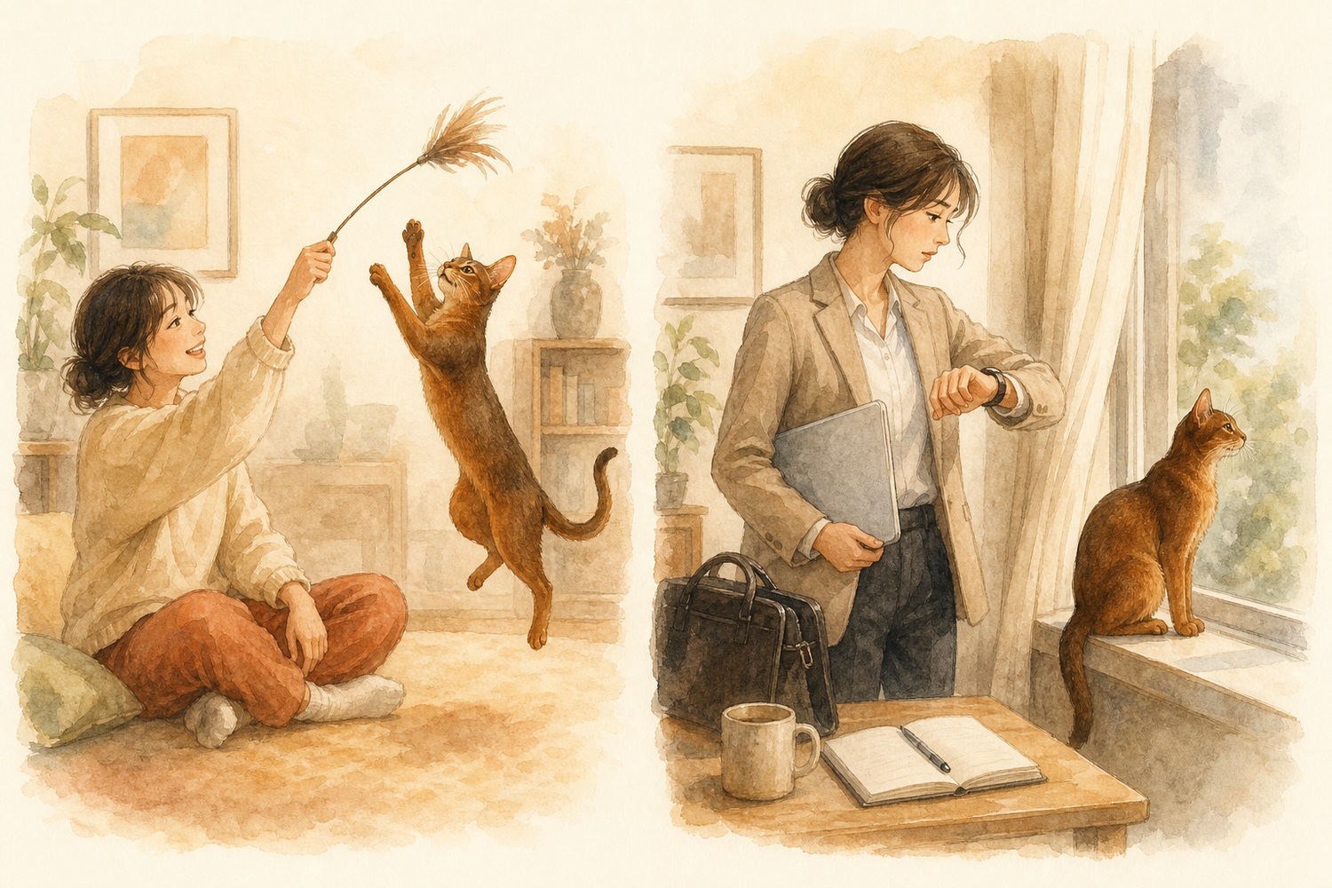一緒に遊ぶ暮らしと、留守がちな暮らしを対比した水彩イラスト。見た目より生活スタイルの相性が大切