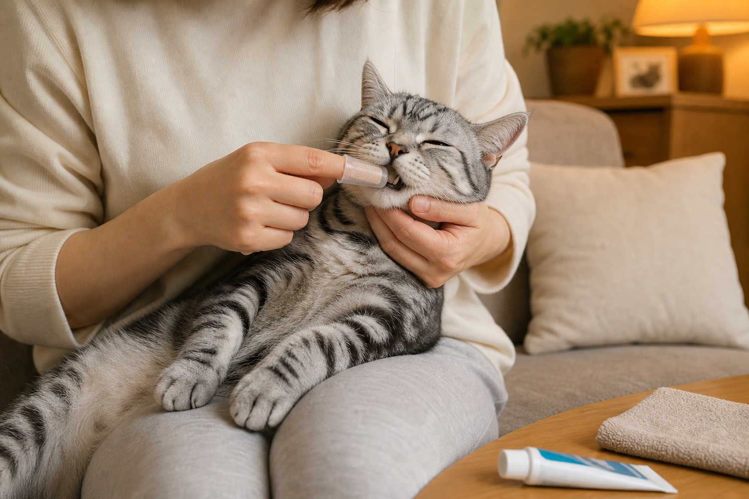 指ブラシでアメリカンショートヘアの歯をやさしく磨く飼い主。週3回以上のデンタルケアが理想
