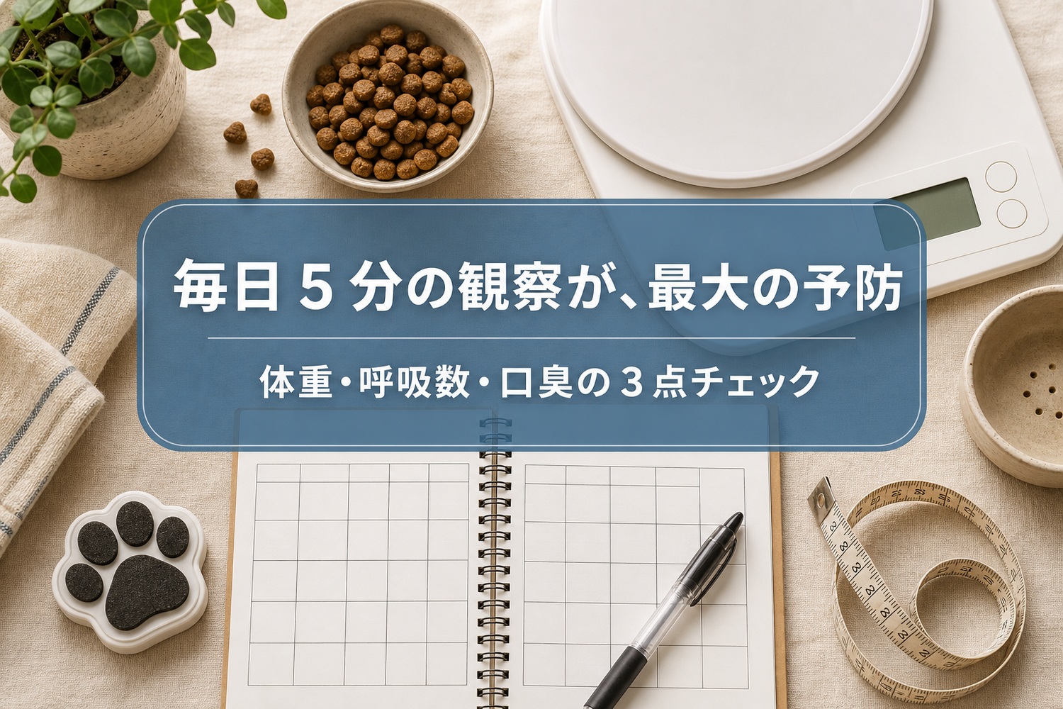体重計・ノート・メジャー・肉球スタンプを並べた自宅健康チェックのフラットレイ。毎日5分の観察が最大の予防、体重・呼吸数・口臭の3点チェック