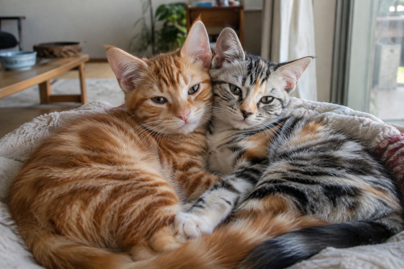 寄り添って座る2匹のアメリカンショートヘアの子猫。左は赤みのある茶色のレッドタビー、右は淡い銀色の体に黒い縞と、赤・クリーム色のまだらが混ざったシルバーパッチドタビー