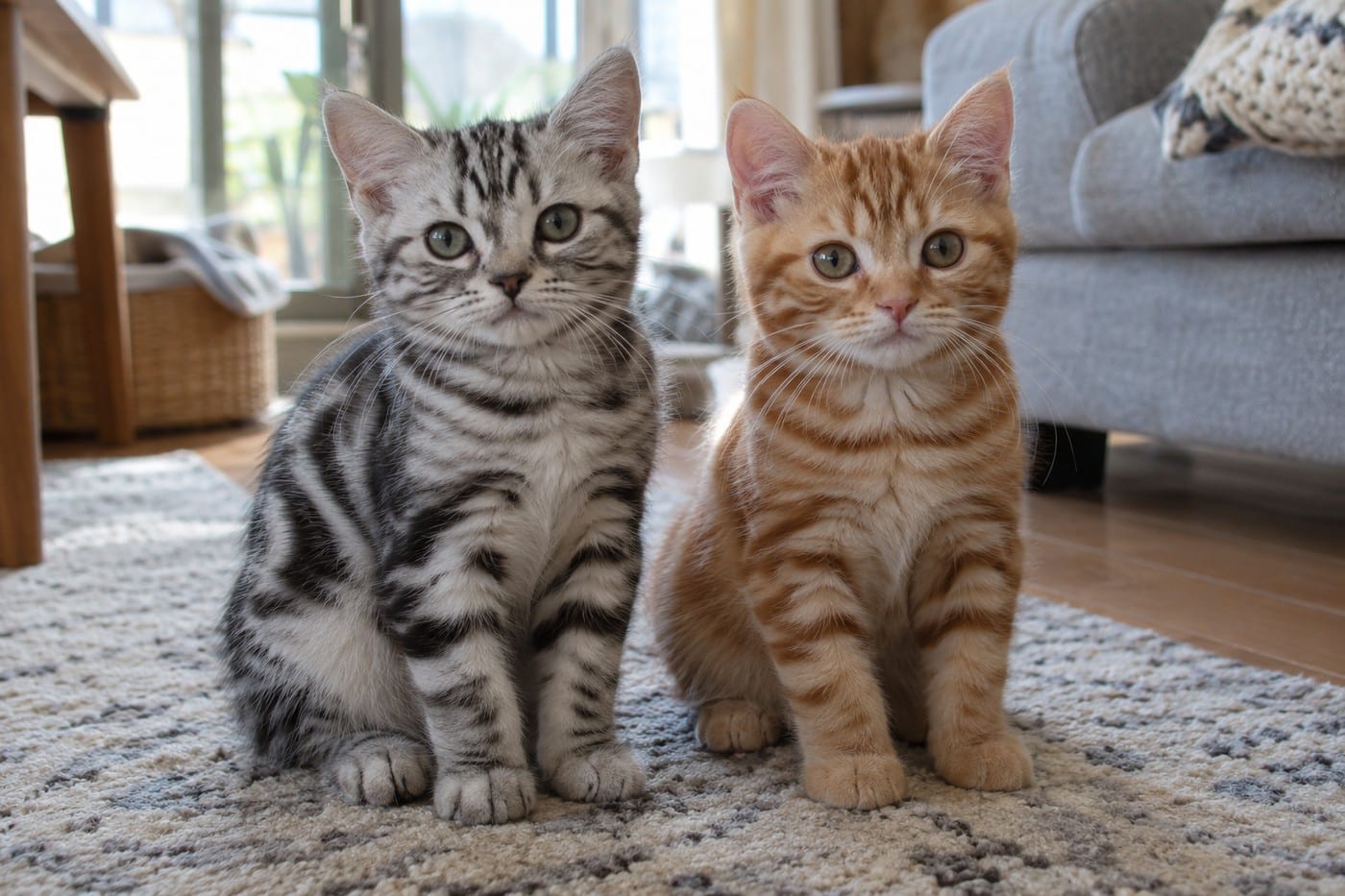 同じ大きさの2匹のアメリカンショートヘアの子猫が並んで座る。左は淡い銀色に黒い縞のシルバータビー、右は赤みのある茶色のレッドタビー