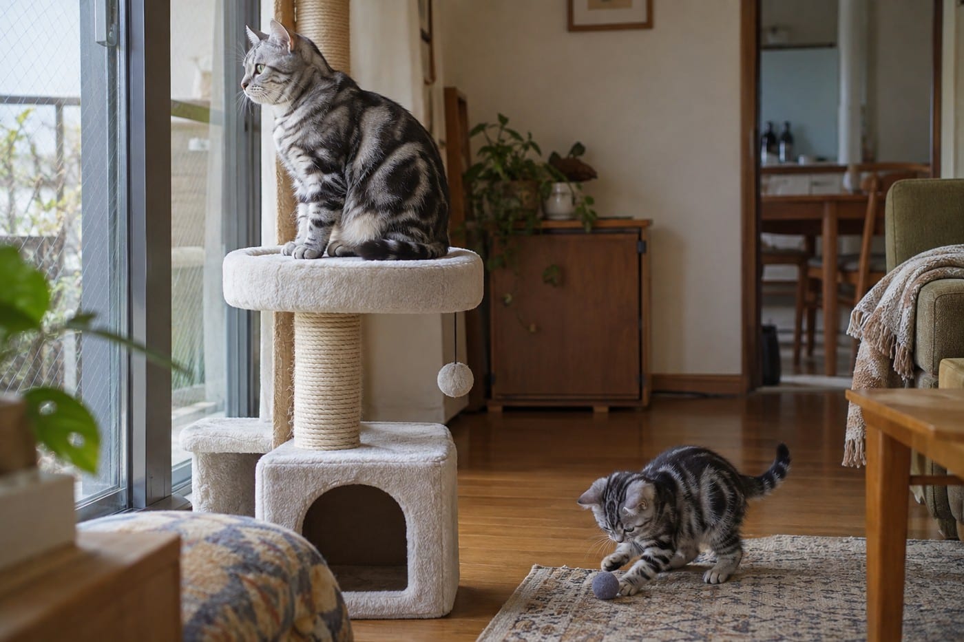窓辺のキャットタワーの上で外を眺めるシルバータビーの成猫と、足元の床で小さなボールにじゃれる同じ毛色の子猫