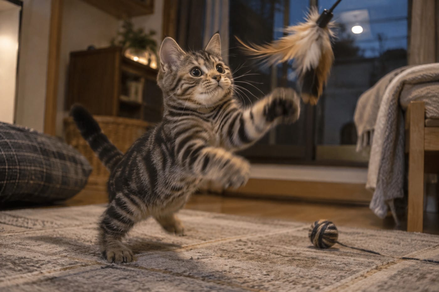 夕方の薄暗い部屋で、羽のついたおもちゃを追って跳ぶブラウンタビーの子猫。床にはボールのついたひもが転がっている