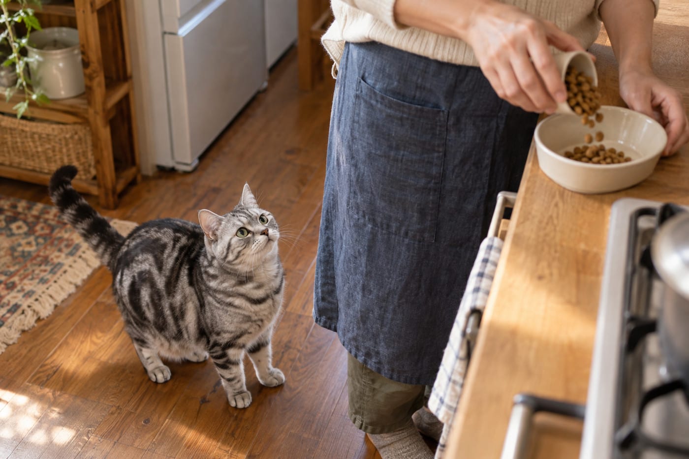 キッチンのカウンターで、計量カップのドライフードをお皿に移す手元。足元からシルバータビーの猫が見上げている