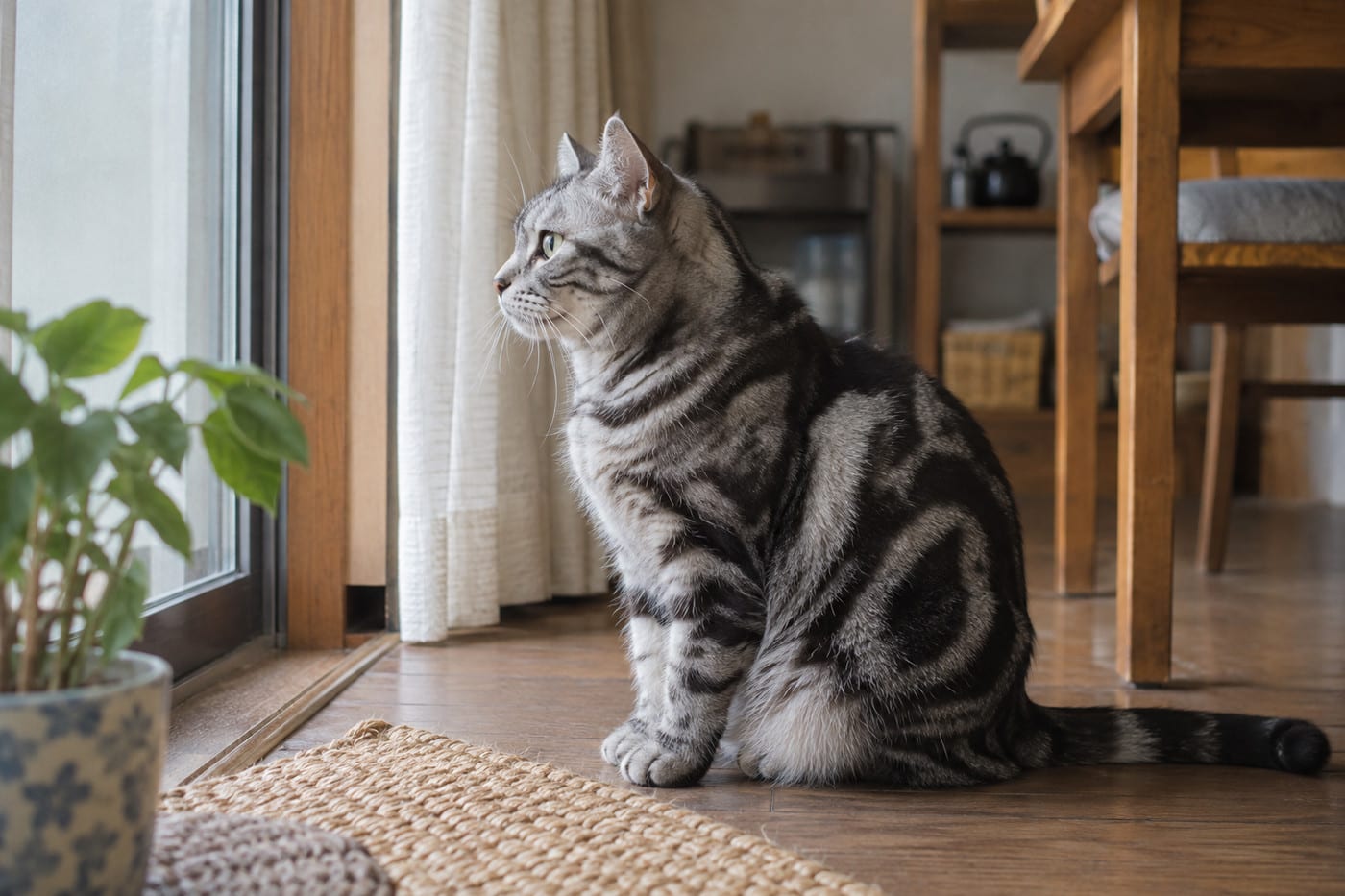 窓から入る柔らかい光の中で、横を向いて静かに座るシルバータビーの成猫の横顔