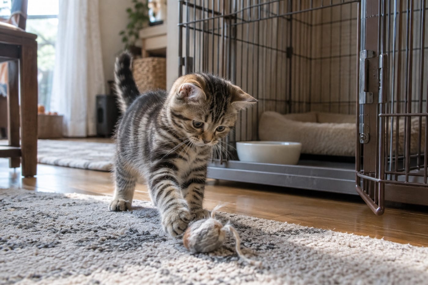 扉を開けた広めのケージの前で、おもちゃにじゃれるブラウンタビーの子猫。ケージの中に寝床と水のお皿が見える