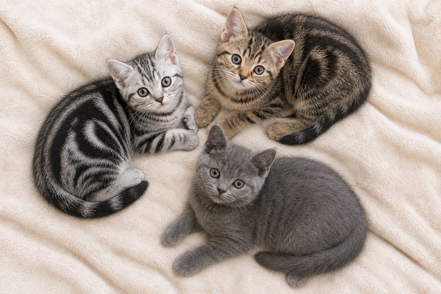 3色のアメリカンショートヘア子猫が並ぶ俯瞰のフラットレイ写真