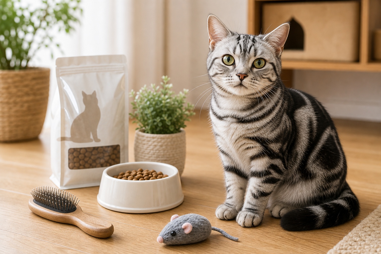 アメショと食器・フード・ブラシなど飼育用品が並ぶ生活シーン