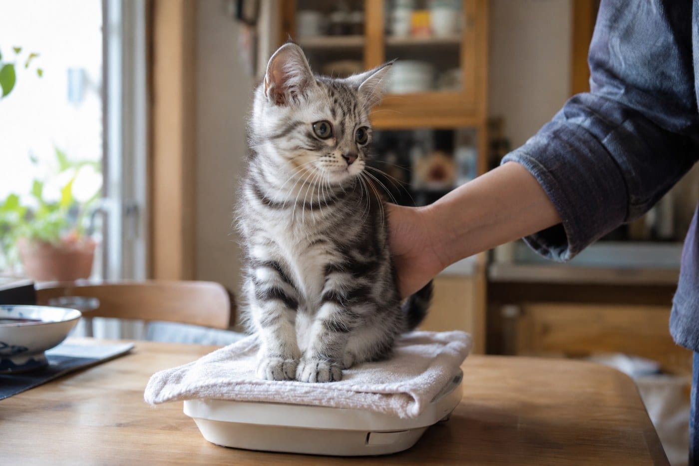 タオルを敷いたキッチンスケールの上に座る、シルバータビーのアメリカンショートヘアの子猫と、体を支える手