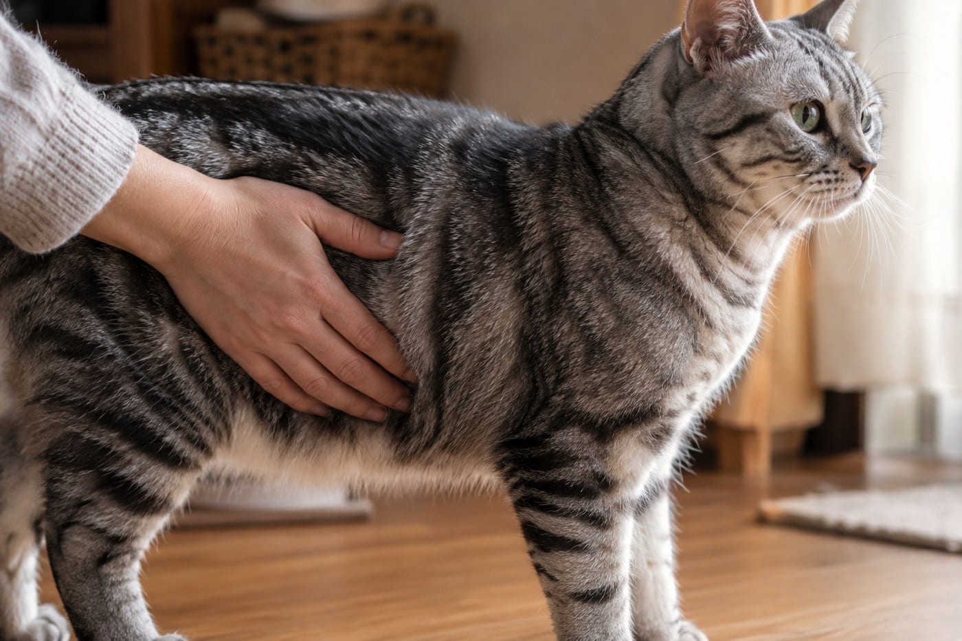 横向きに立つアメリカンショートヘアの成猫の脇腹に、飼い主の手のひらをそっと当てて、肋骨に触れるかどうかを確かめている手元