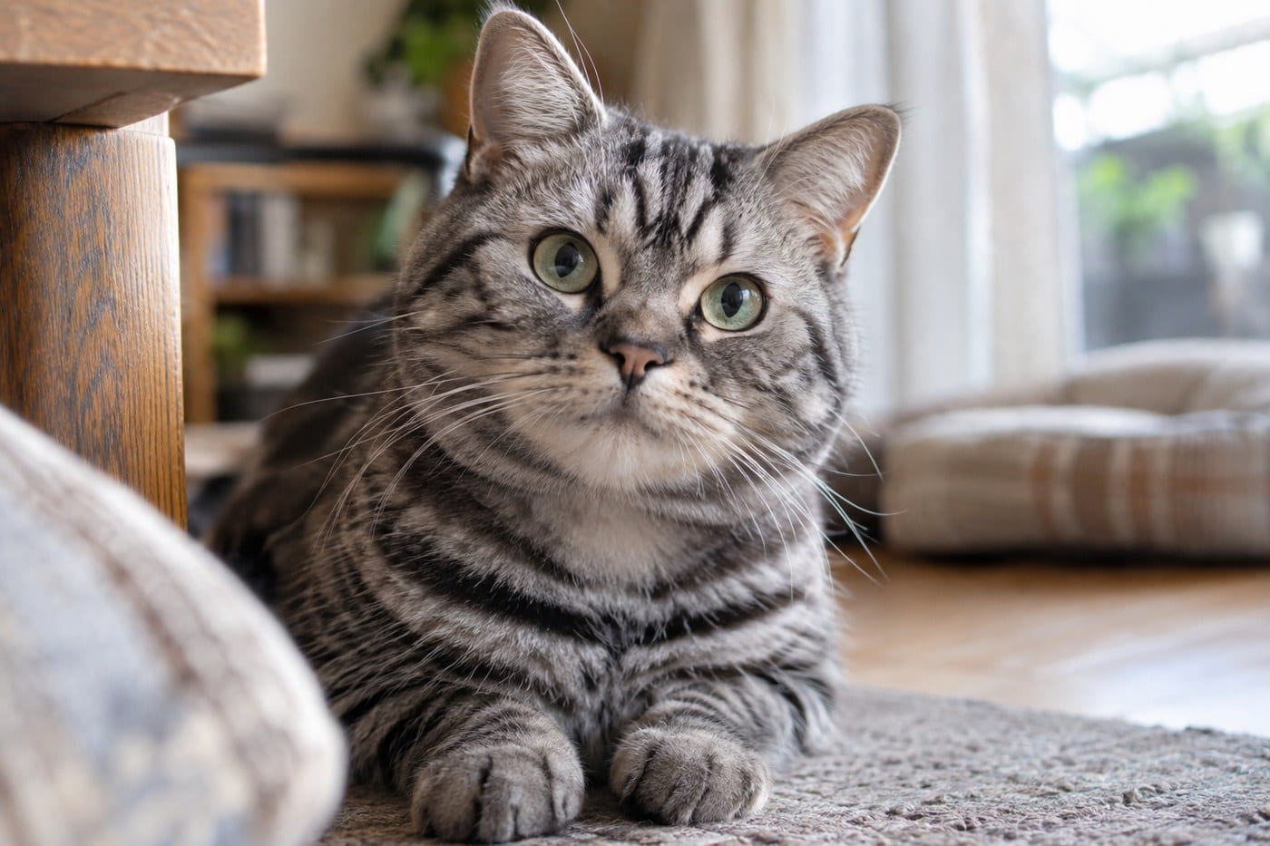 敷物の上に伏せて、大きく丸い目でこちらを見る、シルバータビーのアメリカンショートヘアの成猫。額に黒い縞が入り、胸まわりに厚みがある