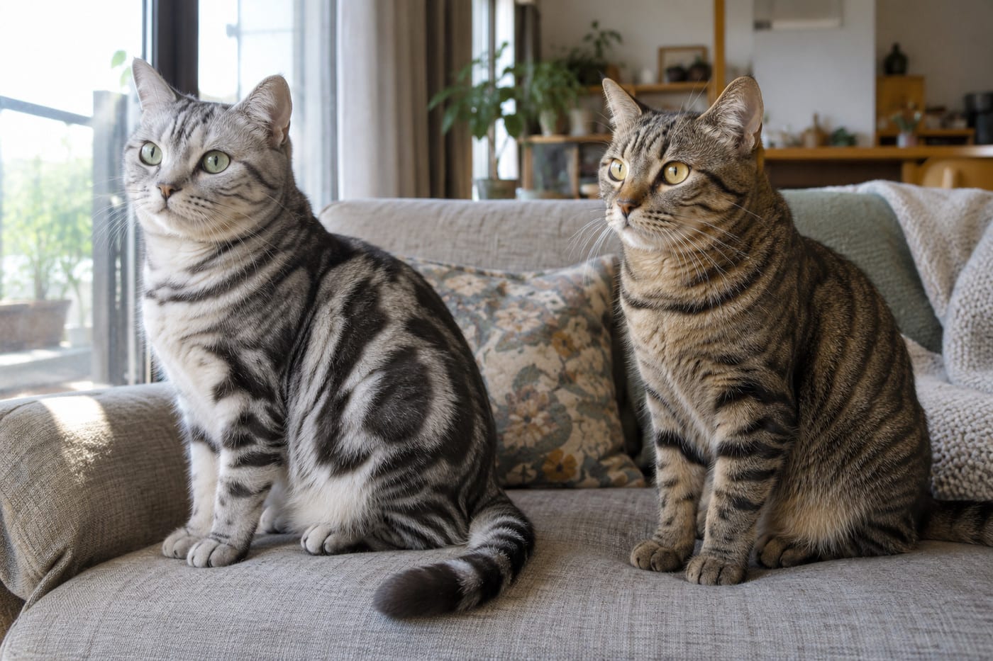 窓辺のソファに並んで座る、脇腹に渦巻き模様のあるシルバータビーの猫（左）と、茶色に細い黒の縦縞のある猫（右）