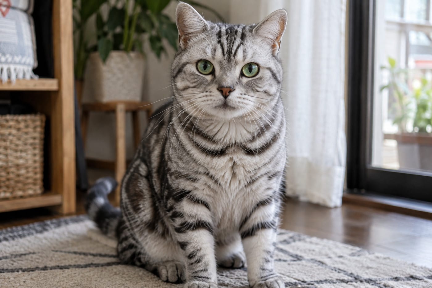 正面を向いて座る、頬がふっくらしたシルバータビーの猫。額と胸に黒い縞が入っている
