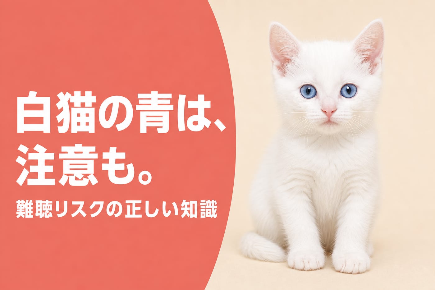 白猫の青は注意もと伝えるサーモン帯バナーと青い目の白い子猫