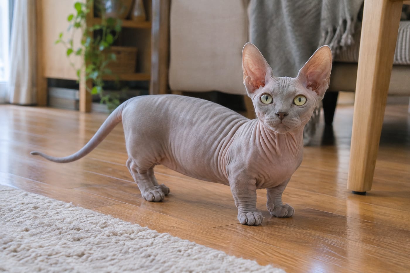 灰色がかった肌に細かいしわがあり、耳の大きな足の短いバンビーノが、明るいフローリングに立って、こちらを見ている
