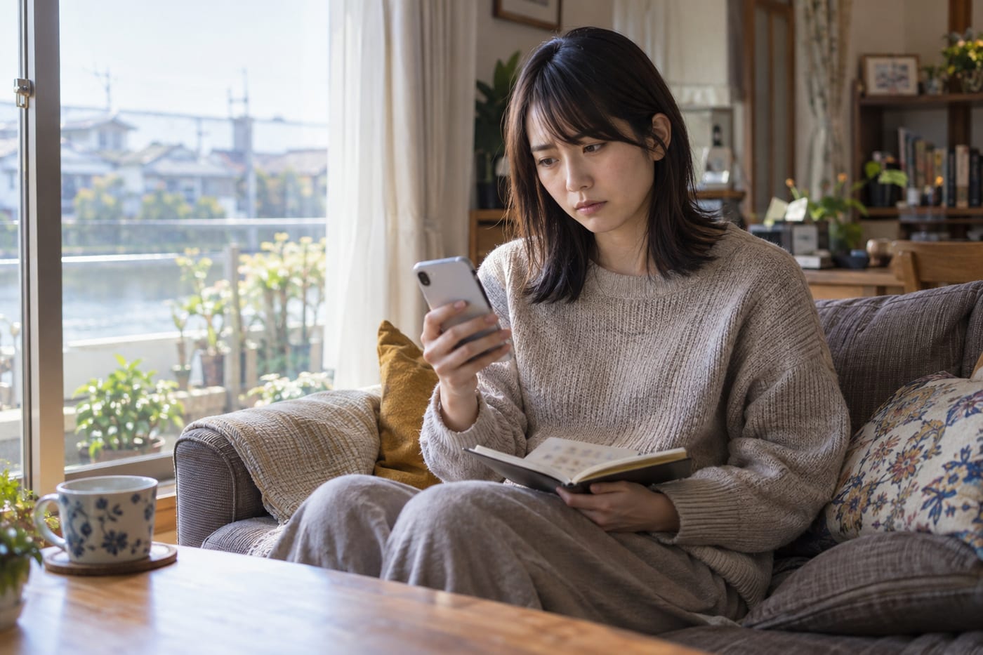 ソファに座った女性が、手にメモ帳を持ち、困った表情でスマートフォンの画面を見ている
