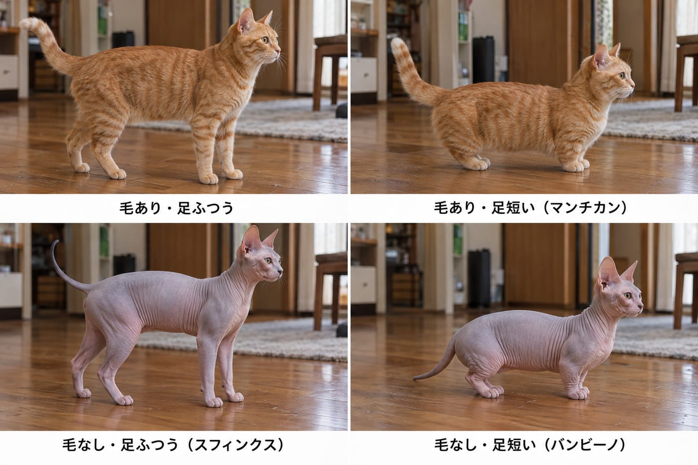 四枚の猫の写真が2列2段に並んでいる。上段は、毛のある足のふつうの長さの茶トラ猫（毛あり・足ふつう）と、毛のある足の短い茶トラのマンチカン（毛あり・足短い）。下段は、毛のない足のふつうの長さのスフィンクス（毛なし・足ふつう）と、毛のない足の短いバンビーノ（毛なし・足短い）