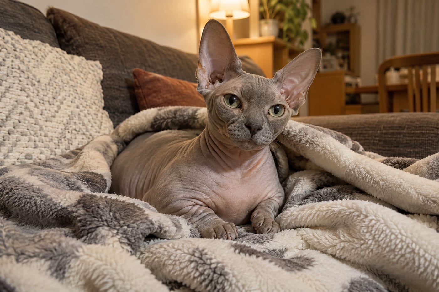 暖かい色の照明の部屋で、ソファの上のブランケットにくるまってくつろぐ、毛がほとんどなく耳の大きなバンビーノ