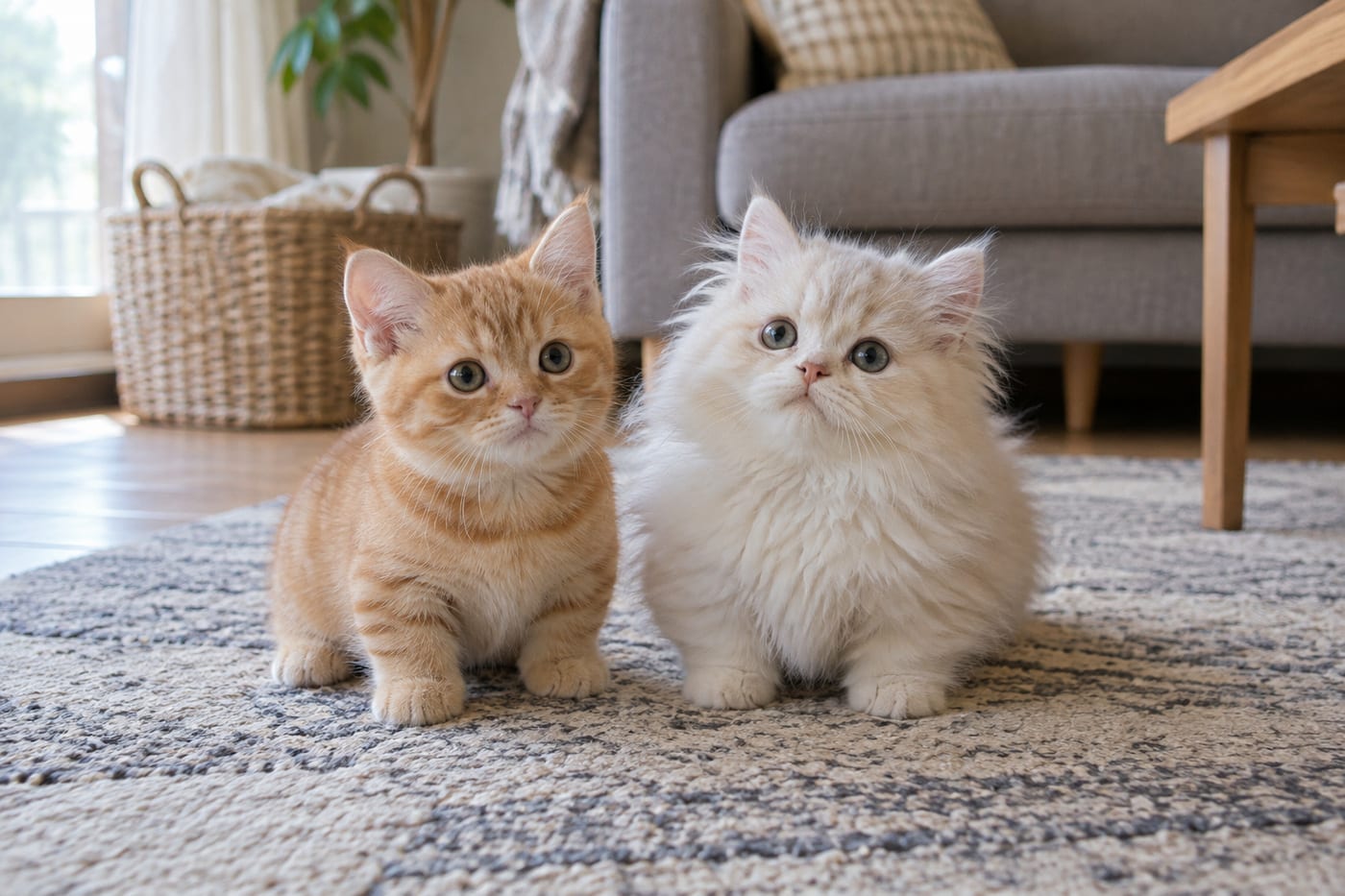 ラグの上に、短毛の茶トラの子猫（マンチカン）と、長毛のクリーム色の子猫（ミヌエット）が並んで座り、こちらを見上げている