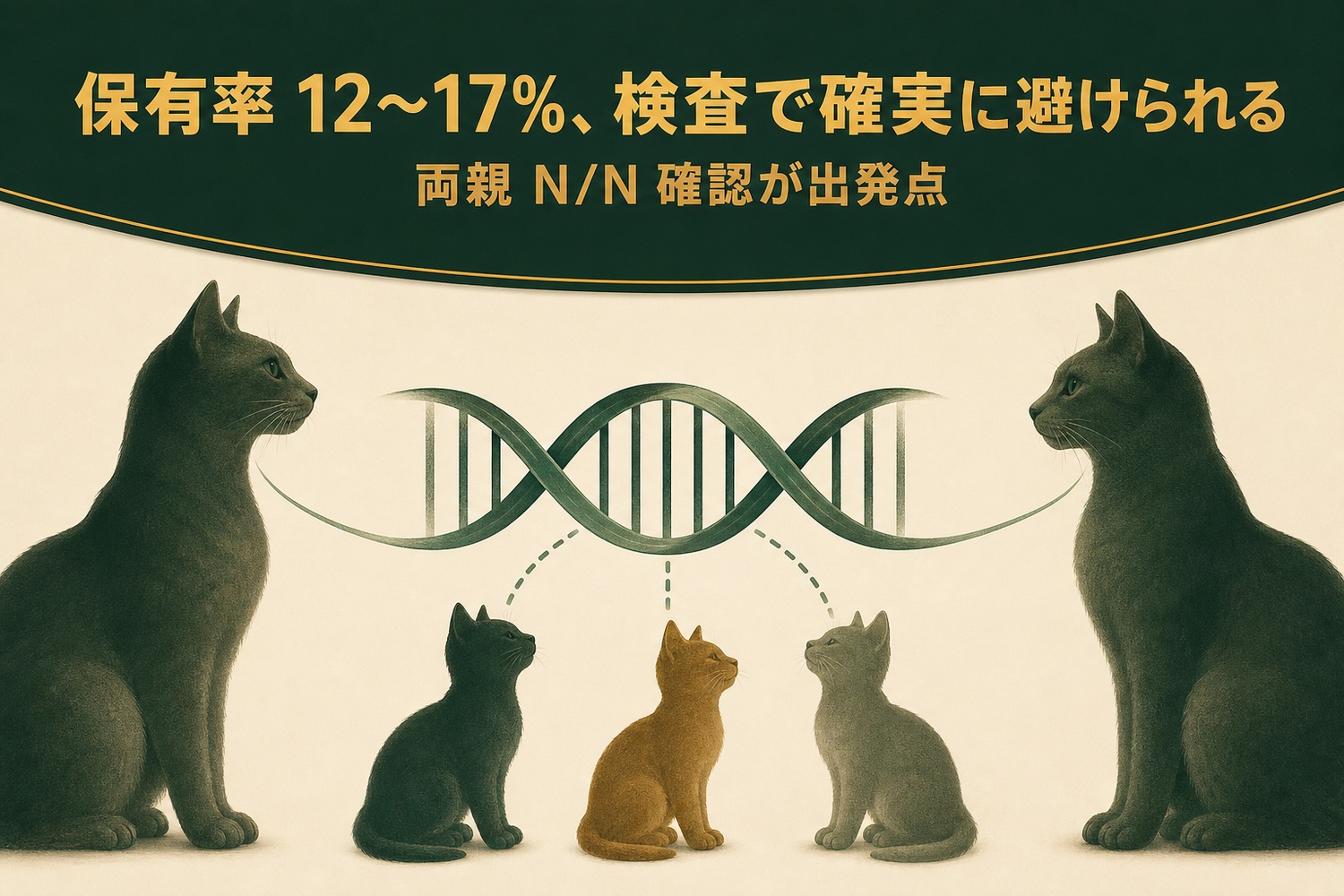 両親猫とDNA・子猫を描いた遺伝のイラスト。保有率12〜17%、検査で確実に避けられる、両親N/N確認が出発点
