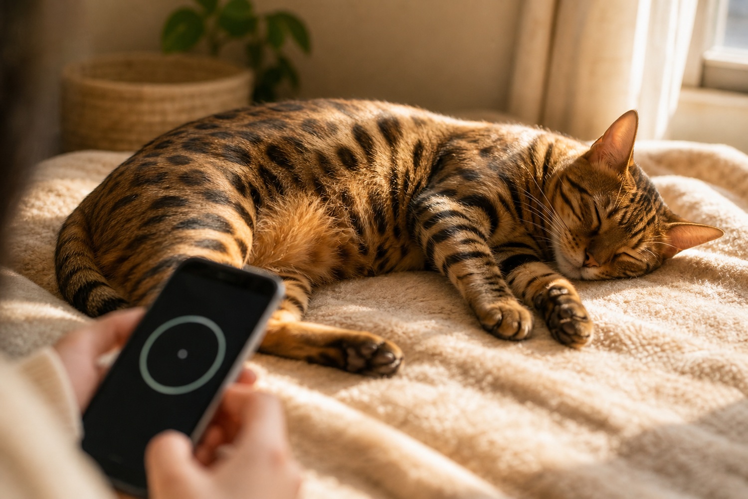 眠るベンガルの呼吸数をスマホのタイマーで数える飼い主。睡眠中の呼吸数40回/分未満が目安
