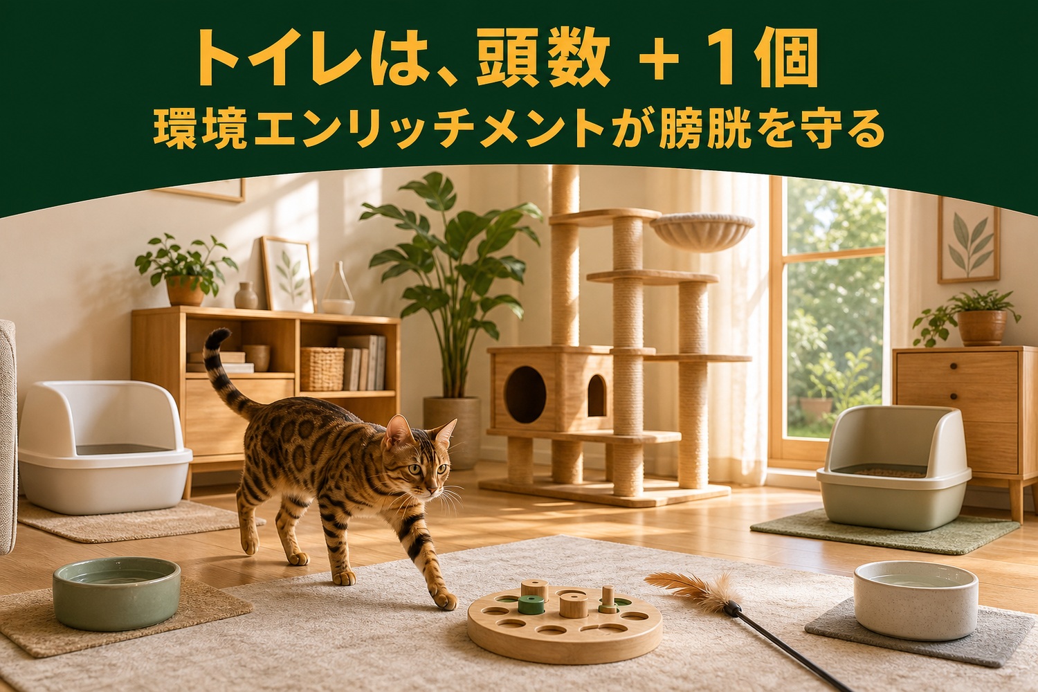 2つのトイレ・複数の水飲み場・キャットタワーを備えた部屋を歩くベンガル。トイレは頭数+1個、環境エンリッチメントが膀胱を守る
