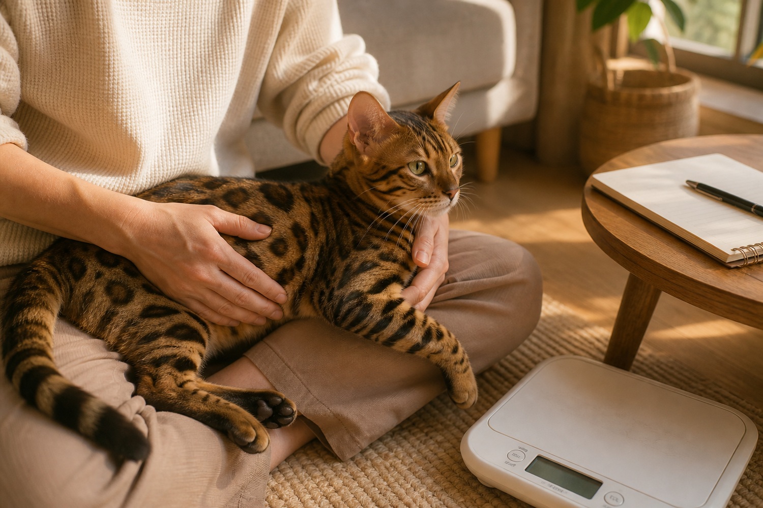 膝の上のベンガルの脇腹の肋骨を触って確認する飼い主とそばの体重計。月1回の体型チェックが肥満予防の基本