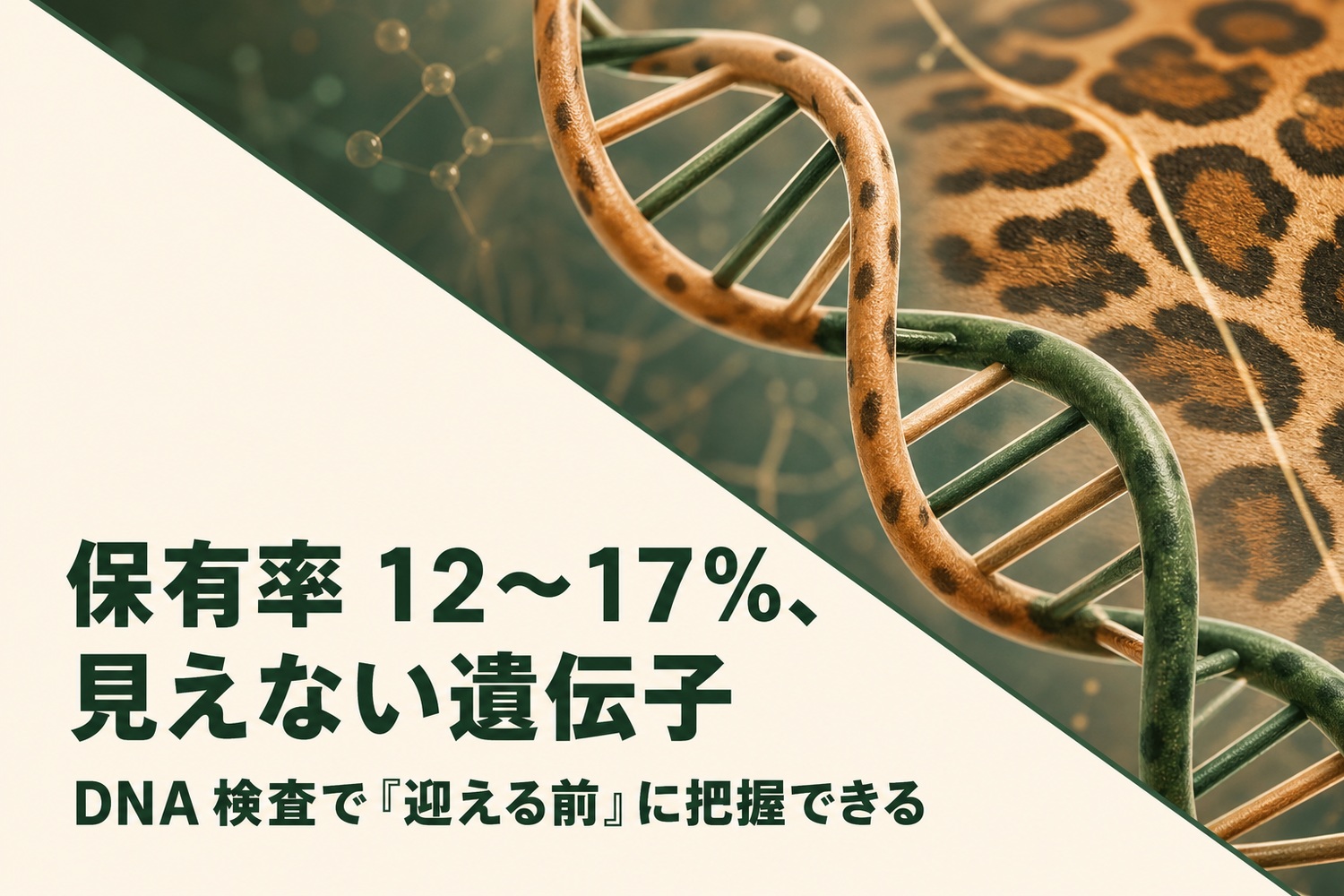 DNAの二重らせんとロゼット模様のイラスト。保有率12〜17%、見えない遺伝子、DNA検査で迎える前に把握できる