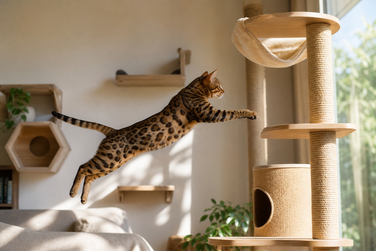 キャットタワーへ跳躍するベンガル。活発な性質に合った立体的な運動環境が長寿につながる