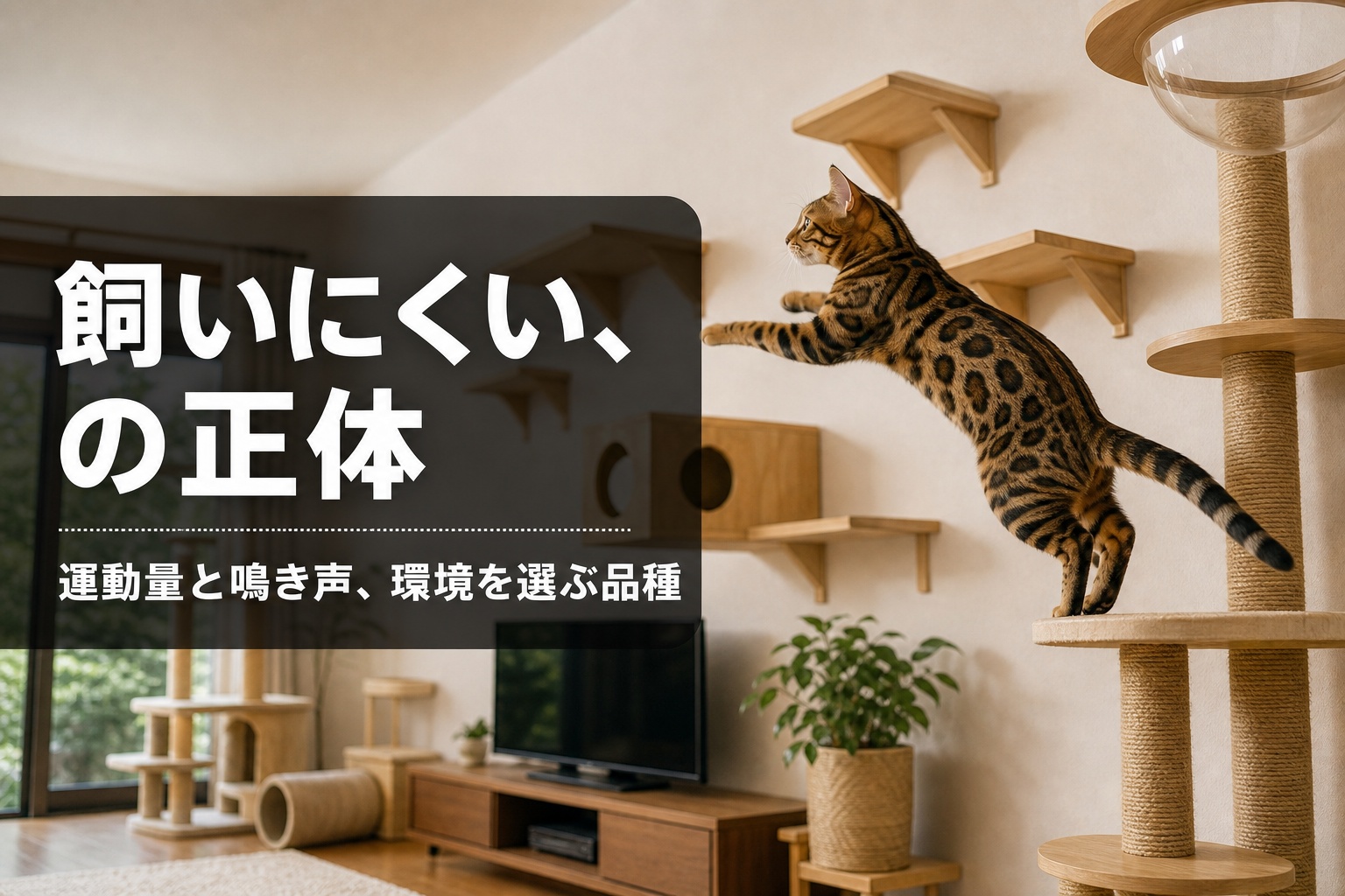 キャットタワーを駆け上がる活発なベンガルと運動量・環境要件を示すバナー画像