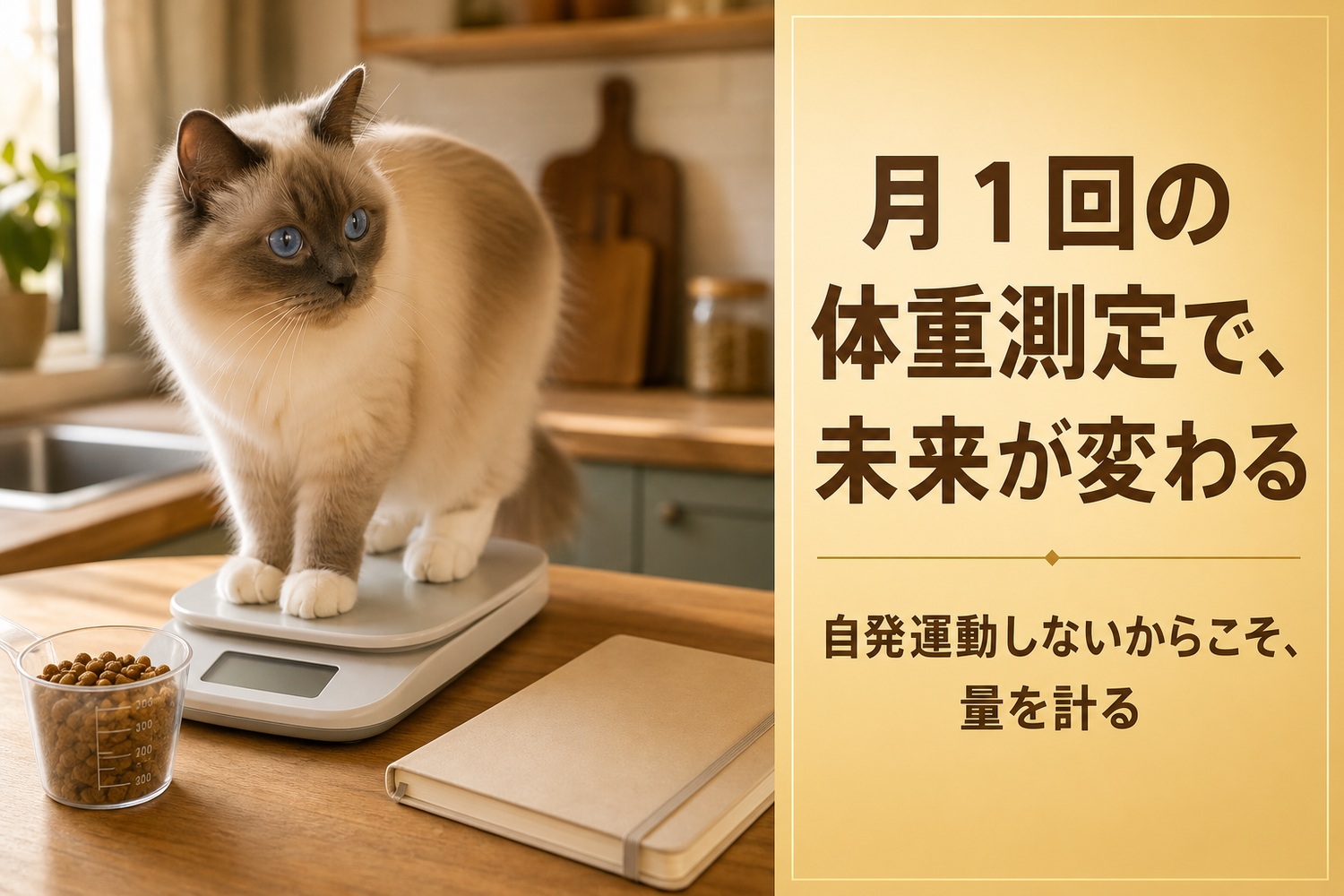 キッチンスケールに乗るバーマン。月1回の体重測定で未来が変わる、自発運動しないからこそ量を計る