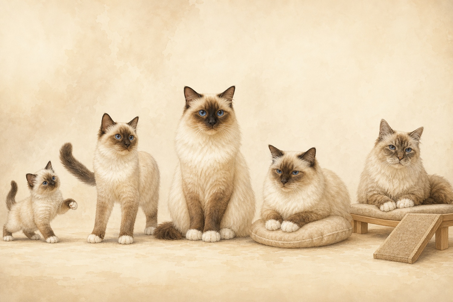 子猫からシニアまで5段階のバーマンが並ぶイラスト。年齢ごとに重点ケアが変わる
