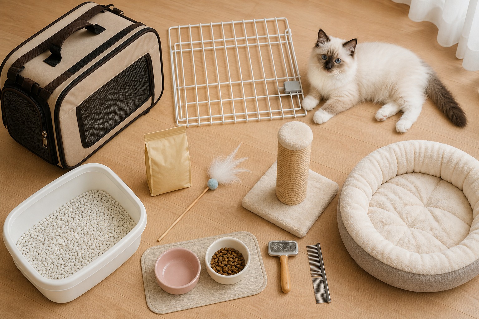 バーマン子猫を迎える備品をフラットレイで並べた写真