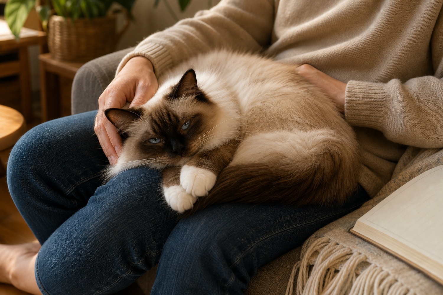 飼い主の膝の上で穏やかに甘えるバーマン。寄り添うけれど依存しすぎない聖猫の気質